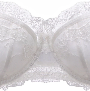 Close-up of white floral lace bra with ribbon bow and scallop trim detail