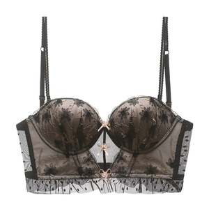 Sexy black floral lace embroidery bra with U-back design and pink bow accents