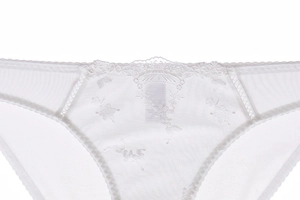 Detailed macro view of white floral lace embroidery and sheer mesh fabric on underwear
