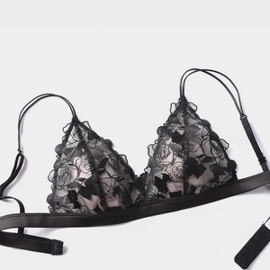 French style black lace triangle bra with rose embroidery and wireless soft cotton lining