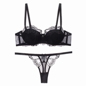 Elegant black lace lingerie set with embroidered 1/2 cup bra and matching thong panties
