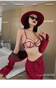 Ensemble lingerie bordeaux français en mesh avec détails de style blazer chic