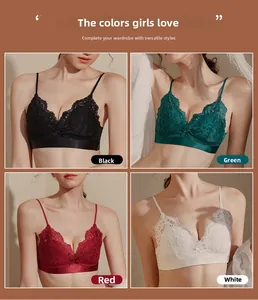 Dettaglio bralette in pizzo con motivi floreali e spalline sottili in quattro vari colori