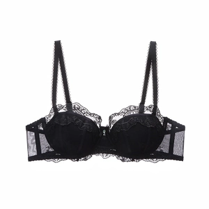 Close-up of black floral lace bra with double straps and a blue rhinestone detail