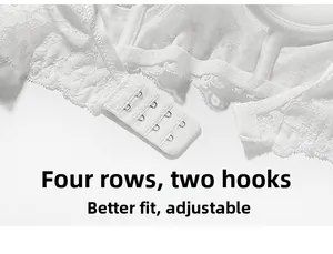 Macro detail of white lace bra featuring adjustable 4-row 2-hook back closure design