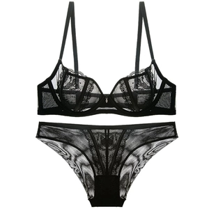 French style thin black lace lingerie set with floral embroidery and underwire support