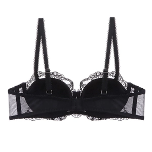 Back view of black lace bra featuring breathable mesh wings and adjustable straps
