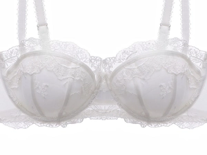 Close-up detail of white lace bra with floral embroidery and delicate scalloped edges