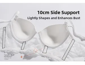 Detailed white lace bra showing 10CM side support and under-bust boning for lift
