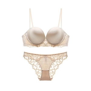 Beiges Dessous-Set mit Seamless Push-Up BH und passendem Slip aus eleganter Blumen-Spitze