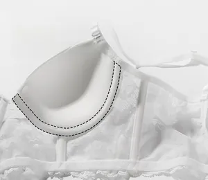 Detailed macro view of the internal U-shaped underwire structure in white lace bra
