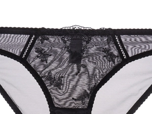 Detail of sheer black mesh panties with intricate floral embroidery and scalloped lace edges
