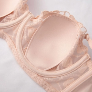 French pale pink lace bra with floral embroidery and soft breathable mesh lining