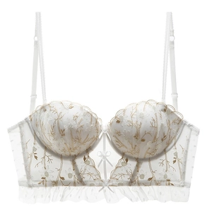 White lace bra with golden floral embroidery and sheer mesh trim featuring scallop edges