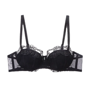 Elegant black lace bra with exquisite hollow floral embroidery and rhinestone detail