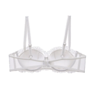 White French lace bra featuring a sheer mesh back and adjustable straps in a minimal design