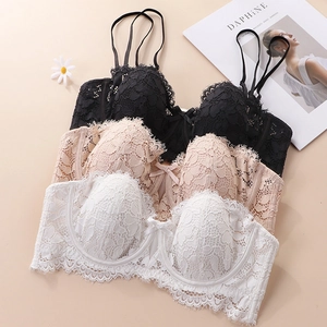 Detail of floral lace embroidery and ribbon bow on French style soft wire bras