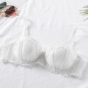 Elegant white lace bra with semi-cup embroidery and soft underwire on a plush white surface