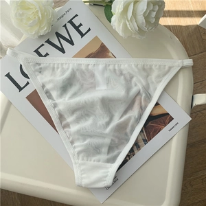 Close-up of white sheer mesh lace panties featuring delicate vintage embroidery details