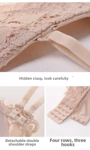 Detail of adjustable straps and four-row back closure on the lace lingerie bra
