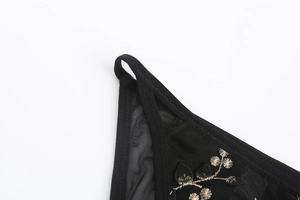 Macro detail of black sheer mesh with delicate gold floral embroidery on low-waist panties