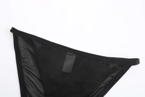 Detailed close-up of breathable black sheer mesh lace panties with zigzag stitching