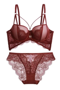 Details des weinroten Spitzen-Dessous-Sets mit transparentem Netz und Goldring-Hardware