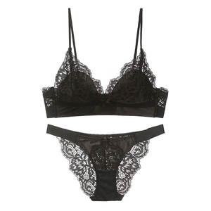 Elegant French black lace lingerie set with wireless triangle bra and satin panties