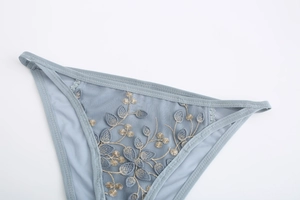 Close-up of blue mesh panties featuring delicate beige floral embroidery and fine lace trim