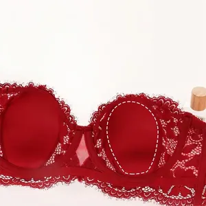 Red French lace bra with rabbit-ear shape cups and 0.2cm ultra-thin breathable design