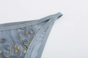 Detailed macro view of the intricate blue floral embroidery on sheer lace panties