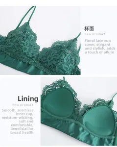 Dettaglio reggiseno in pizzo verde scuro con fodera traspirante e ricamo floreale