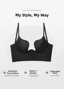 Vue détaillée du soutien-gorge noir sans couture en V profond avec ourlet longline