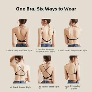 Black seamless U-back bra set showing six adjustable strap styles for versatile wear