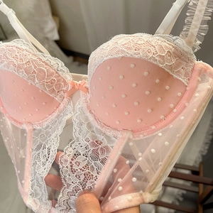 Französisches Spitzen-Korsett-BH in Rosa mit Polka-Dot-Netz und floralen Details