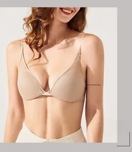 Detail showing seamless light beige mesh fabric and slim straps of this U-back soft bra
