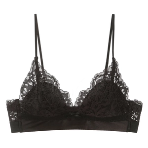 Elegant black lace triangle bralette with floral embroidery and satin band without wire