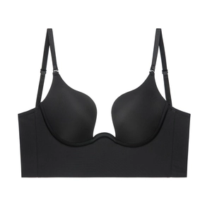 Seamless black deep U-plunge bra with smooth molded cups and adjustable straps