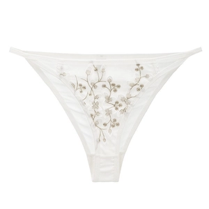 White French style lace panties with gold floral embroidery and breathable mesh texture