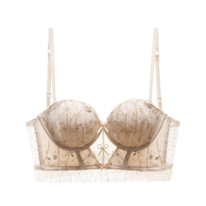 Detail of floral lace embroidery and sheer mesh on a cream-colored backless bra