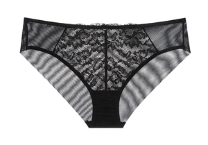 Nahaufnahme schwarzer Spitzenunterwäsche mit Blumenmustern und Mesh-Gewebe
