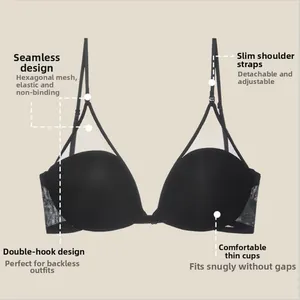 Close-up of black seamless U-back bra with hexagonal mesh detail and thin straps