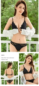 Dettaglio del set di lingerie in pizzo nero con reggiseno a chiusura frontale e schiena a U