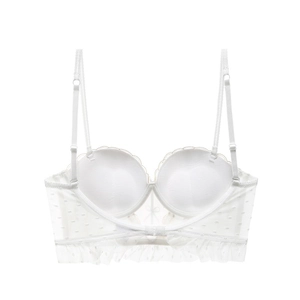 Detail of white lace bra featuring breathable mesh fabric and adjustable thin shoulder straps