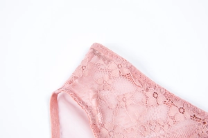 Close-up of pink floral lace fabric with semi-transparent mesh and neat edge piping