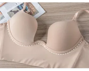 Macro detail of seamless deep U-shape wireless bra in nude with silky satin finish
