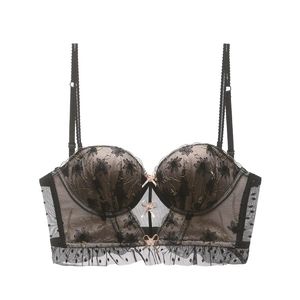 Detail of black lace embroidery bra with pink bows and adjustable straps on white background