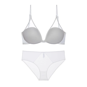 Close-up of white seamless wireless push-up bra and panties set with mesh details