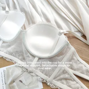 Détail du soutien-gorge en dentelle blanche avec bretelles amovibles et maille