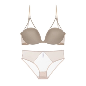 Detail view of seamless earth tone lingerie set with mesh splicing and thin straps